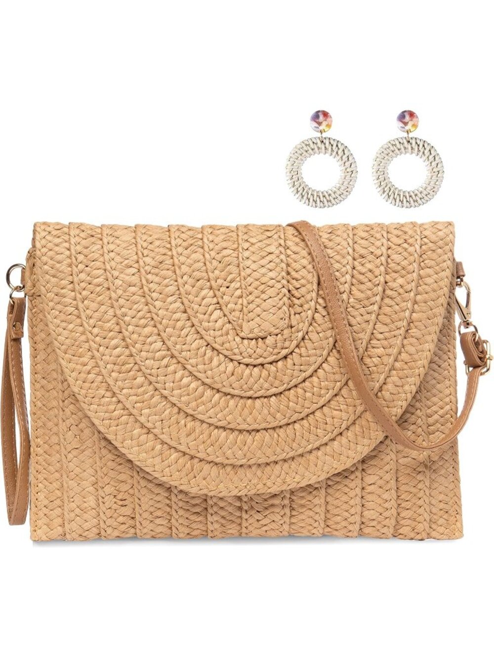 Women's Brown Summer Purse Buckle Woven Beach Bag with Pair of Rattan Earring